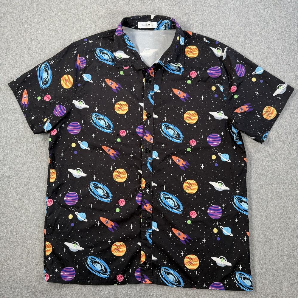 ChArmkpR Men's XXL Black Space Galaxy Planet Rocket UFO Short Sleeve Button Down